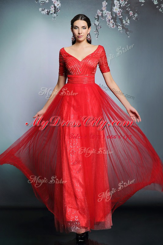 Red Short Sleeves Sequins Floor Length Homecoming Dress