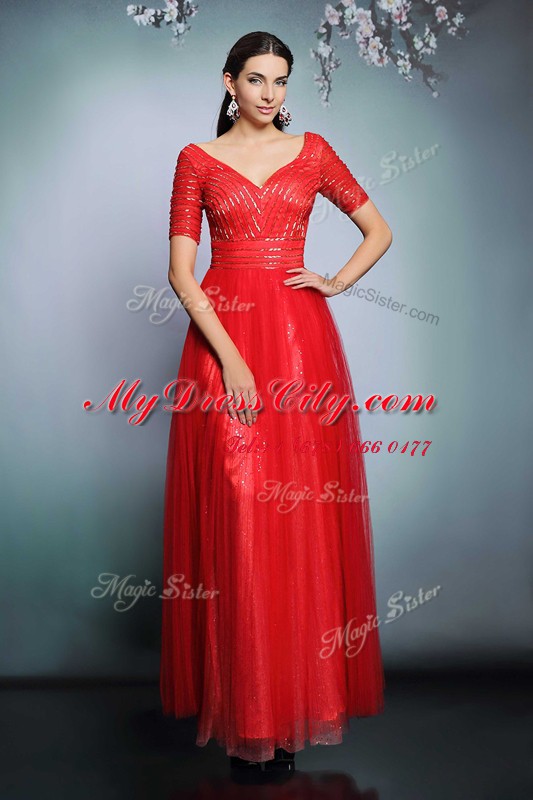 Red Short Sleeves Sequins Floor Length Homecoming Dress