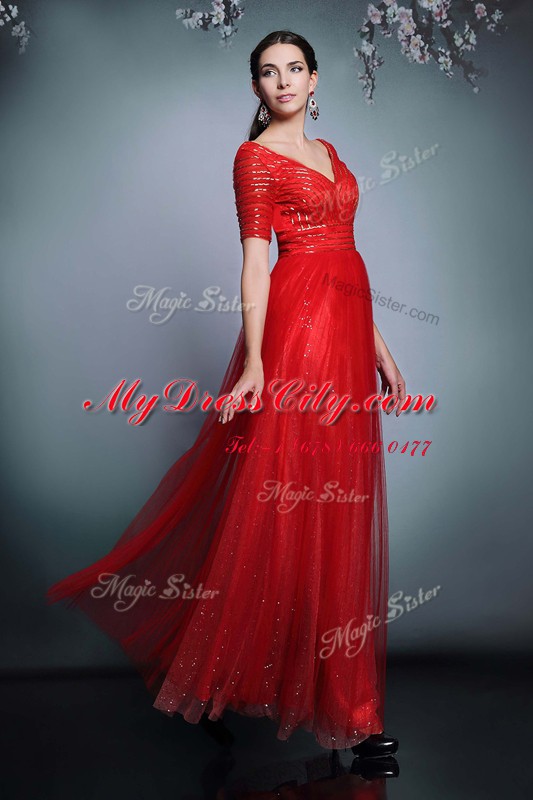 Red Short Sleeves Sequins Floor Length Homecoming Dress