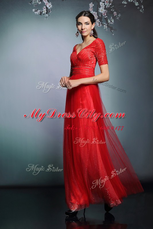 Red Short Sleeves Sequins Floor Length Homecoming Dress