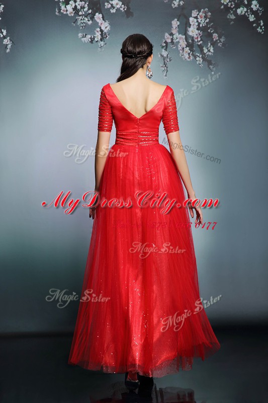 Red Short Sleeves Sequins Floor Length Homecoming Dress