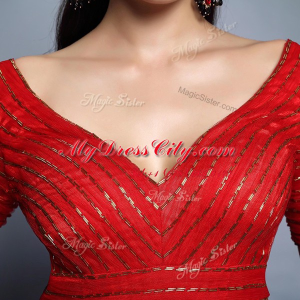 Red Short Sleeves Sequins Floor Length Homecoming Dress