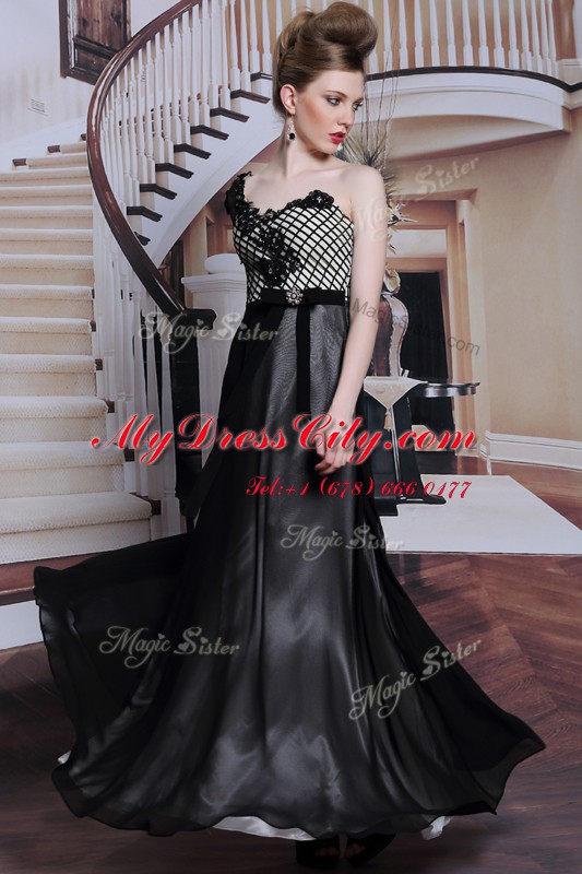 Flare 3 4 Length Sleeve Floor Length Beading and Appliques and Hand Made Flower Side Zipper Prom Gown with Black