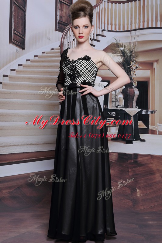 Flare 3 4 Length Sleeve Floor Length Beading and Appliques and Hand Made Flower Side Zipper Prom Gown with Black