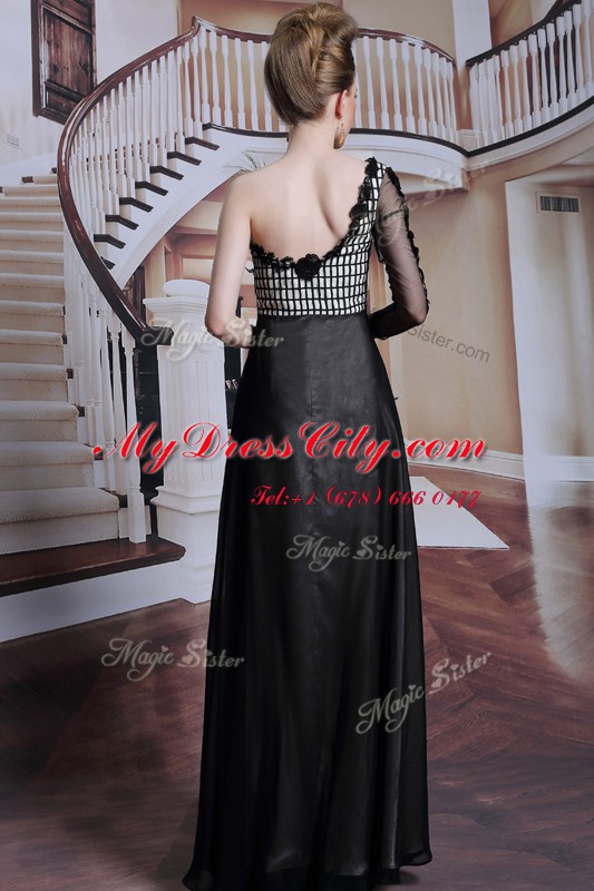 Flare 3 4 Length Sleeve Floor Length Beading and Appliques and Hand Made Flower Side Zipper Prom Gown with Black