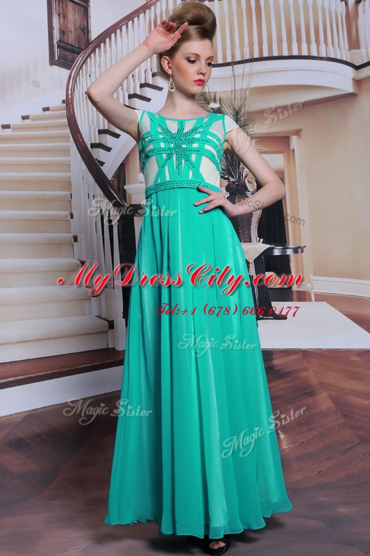 High Class Column/Sheath Prom Dresses Turquoise Scoop Chiffon Cap Sleeves Floor Length Side Zipper