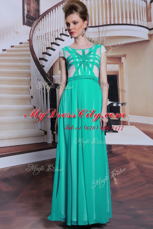 High Class Column/Sheath Prom Dresses Turquoise Scoop Chiffon Cap Sleeves Floor Length Side Zipper