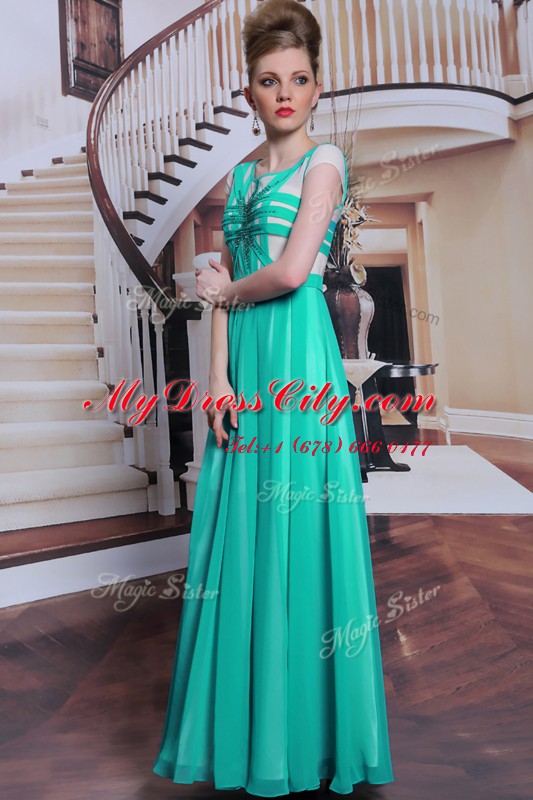 High Class Column/Sheath Prom Dresses Turquoise Scoop Chiffon Cap Sleeves Floor Length Side Zipper