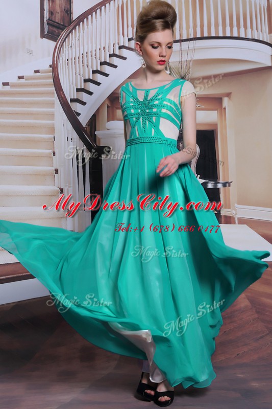 High Class Column/Sheath Prom Dresses Turquoise Scoop Chiffon Cap Sleeves Floor Length Side Zipper