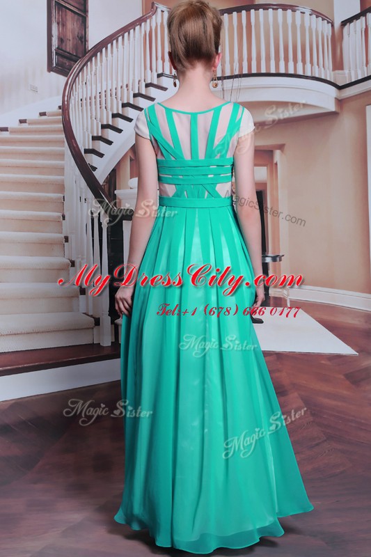 High Class Column/Sheath Prom Dresses Turquoise Scoop Chiffon Cap Sleeves Floor Length Side Zipper