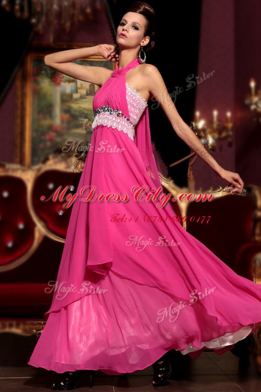 Hot Pink Dress for Prom Prom and Party and For with Beading and Lace Halter Top Sleeveless Zipper