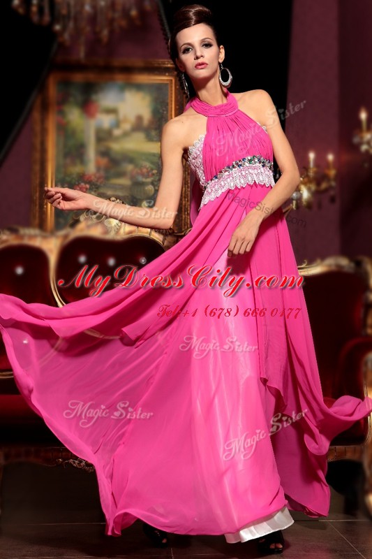 Hot Pink Dress for Prom Prom and Party and For with Beading and Lace Halter Top Sleeveless Zipper