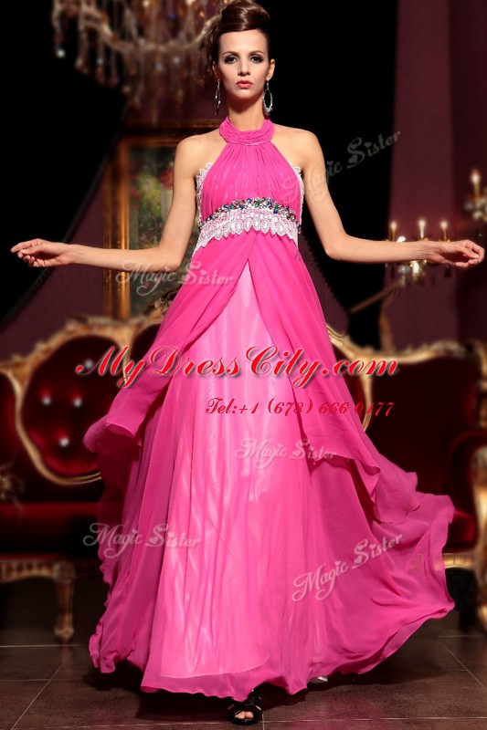 Hot Pink Dress for Prom Prom and Party and For with Beading and Lace Halter Top Sleeveless Zipper