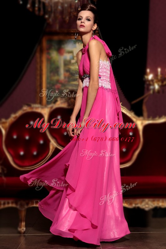 Hot Pink Dress for Prom Prom and Party and For with Beading and Lace Halter Top Sleeveless Zipper