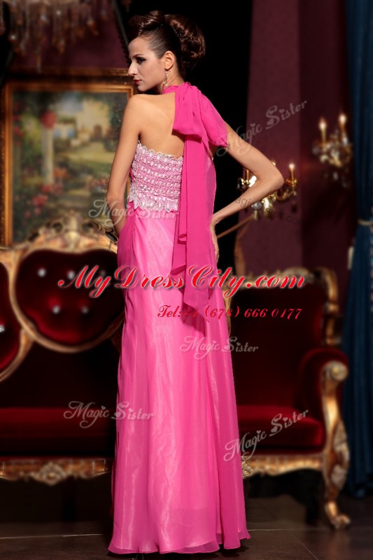 Hot Pink Dress for Prom Prom and Party and For with Beading and Lace Halter Top Sleeveless Zipper