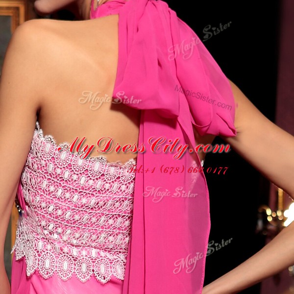 Hot Pink Dress for Prom Prom and Party and For with Beading and Lace Halter Top Sleeveless Zipper