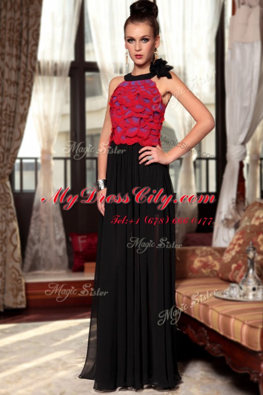 Scoop Ruching and Hand Made Flower Prom Dress Red And Black Side Zipper Sleeveless Floor Length