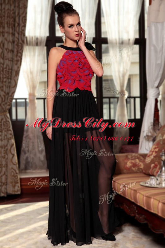 Scoop Ruching and Hand Made Flower Prom Dress Red And Black Side Zipper Sleeveless Floor Length