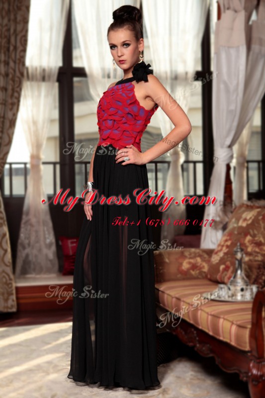 Scoop Ruching and Hand Made Flower Prom Dress Red And Black Side Zipper Sleeveless Floor Length