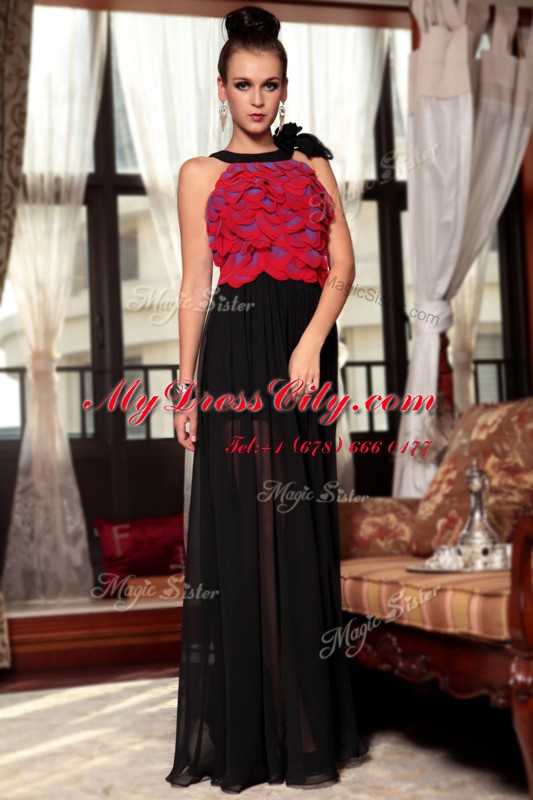 Scoop Ruching and Hand Made Flower Prom Dress Red And Black Side Zipper Sleeveless Floor Length