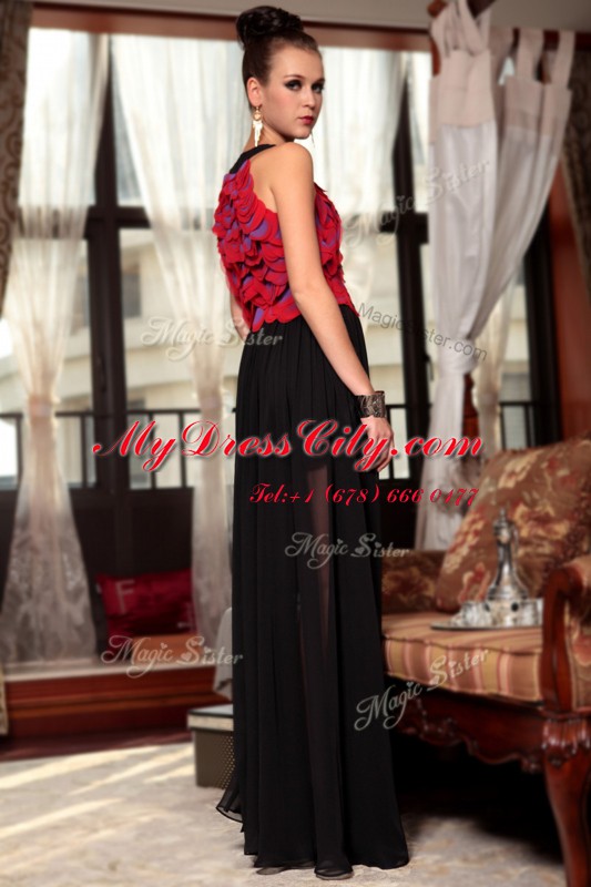 Scoop Ruching and Hand Made Flower Prom Dress Red And Black Side Zipper Sleeveless Floor Length