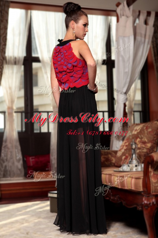 Scoop Ruching and Hand Made Flower Prom Dress Red And Black Side Zipper Sleeveless Floor Length