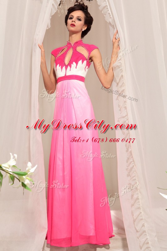 Hot Pink High-neck Neckline Beading Prom Evening Gown Sleeveless Zipper