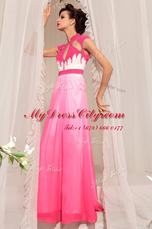 Hot Pink High-neck Neckline Beading Prom Evening Gown Sleeveless Zipper