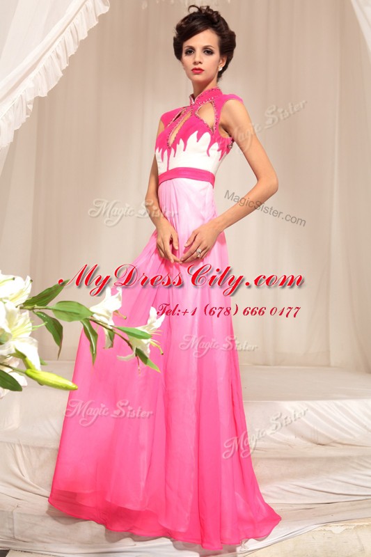 Hot Pink High-neck Neckline Beading Prom Evening Gown Sleeveless Zipper