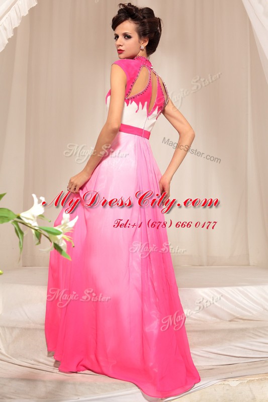 Hot Pink High-neck Neckline Beading Prom Evening Gown Sleeveless Zipper