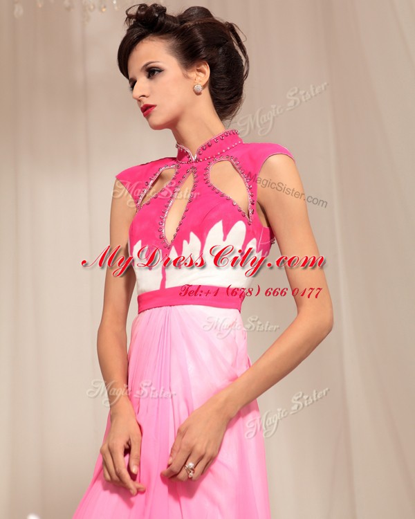 Hot Pink High-neck Neckline Beading Prom Evening Gown Sleeveless Zipper