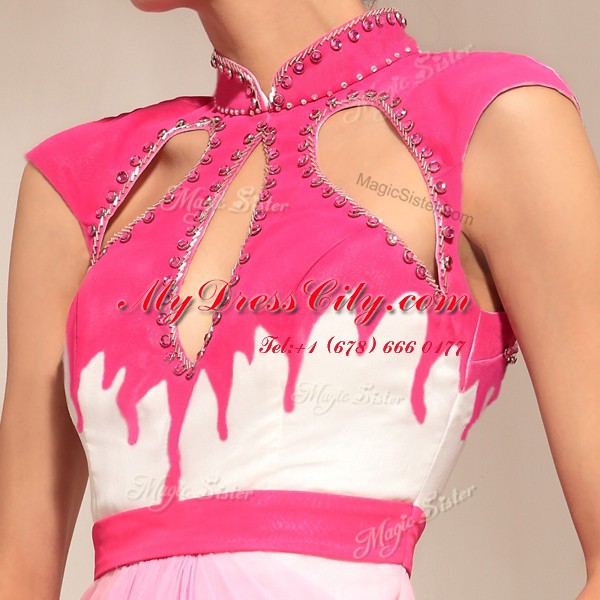 Hot Pink High-neck Neckline Beading Prom Evening Gown Sleeveless Zipper