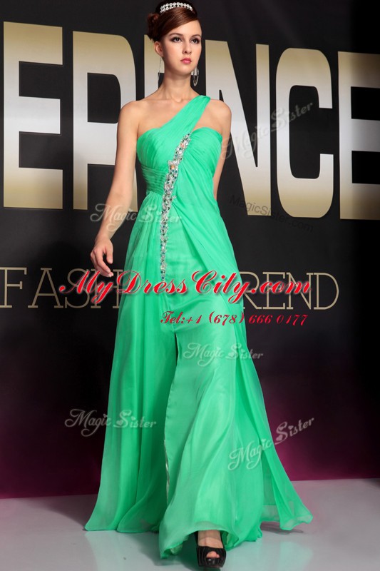 Affordable Turquoise Empire Chiffon One Shoulder Sleeveless Beading and Ruching Floor Length Backless Dress for Prom