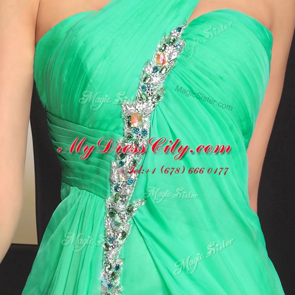 Affordable Turquoise Empire Chiffon One Shoulder Sleeveless Beading and Ruching Floor Length Backless Dress for Prom