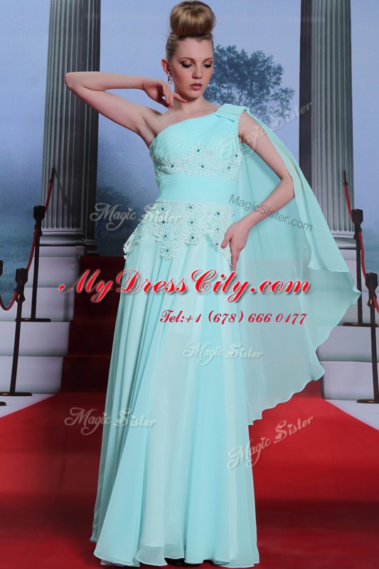 High Quality One Shoulder Turquoise Side Zipper Lace and Ruching Sleeveless Floor Length