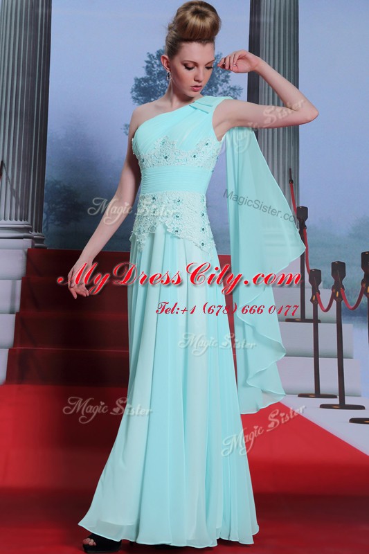 High Quality One Shoulder Turquoise Side Zipper Lace and Ruching Sleeveless Floor Length