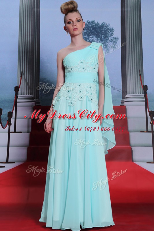 High Quality One Shoulder Turquoise Side Zipper Lace and Ruching Sleeveless Floor Length