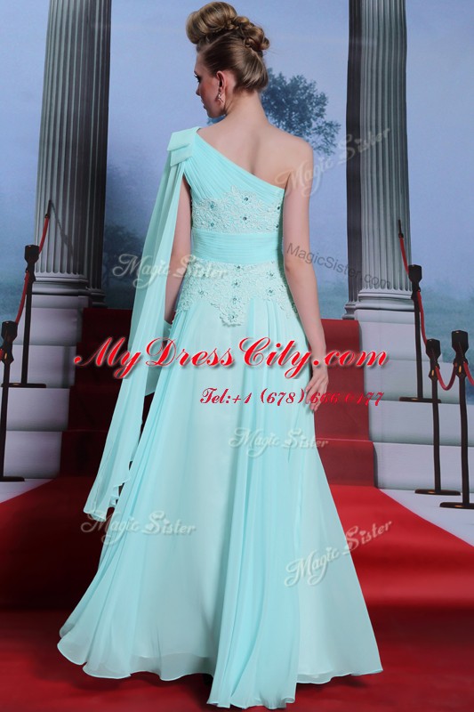 High Quality One Shoulder Turquoise Side Zipper Lace and Ruching Sleeveless Floor Length