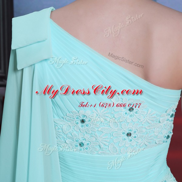 High Quality One Shoulder Turquoise Side Zipper Lace and Ruching Sleeveless Floor Length