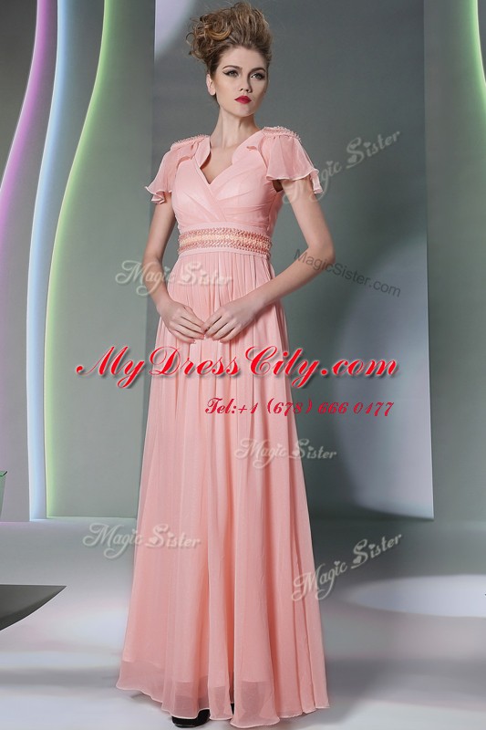 Graceful V-neck Cap Sleeves Chiffon Prom Dress Beading and Ruching Side Zipper