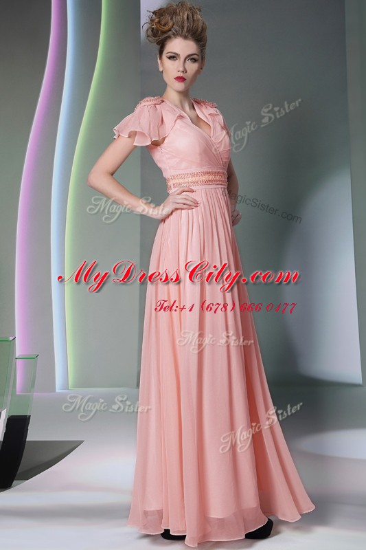 Graceful V-neck Cap Sleeves Chiffon Prom Dress Beading and Ruching Side Zipper