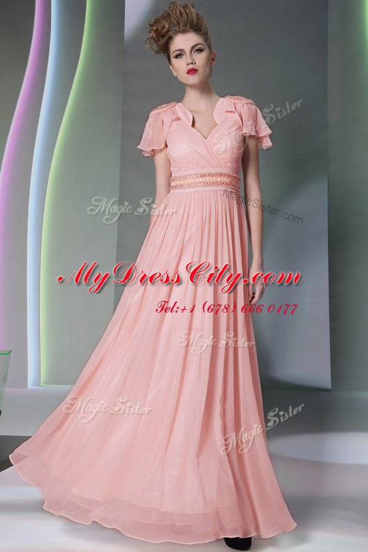 Graceful V-neck Cap Sleeves Chiffon Prom Dress Beading and Ruching Side Zipper