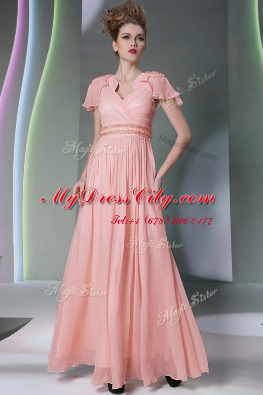 Graceful V-neck Cap Sleeves Chiffon Prom Dress Beading and Ruching Side Zipper