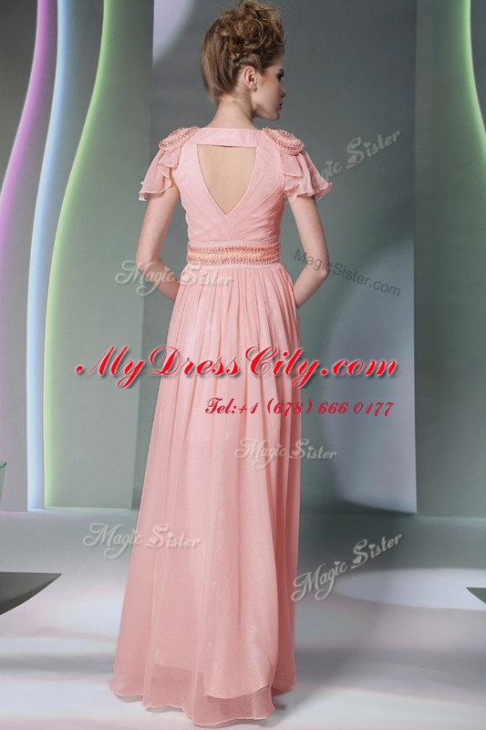 Graceful V-neck Cap Sleeves Chiffon Prom Dress Beading and Ruching Side Zipper