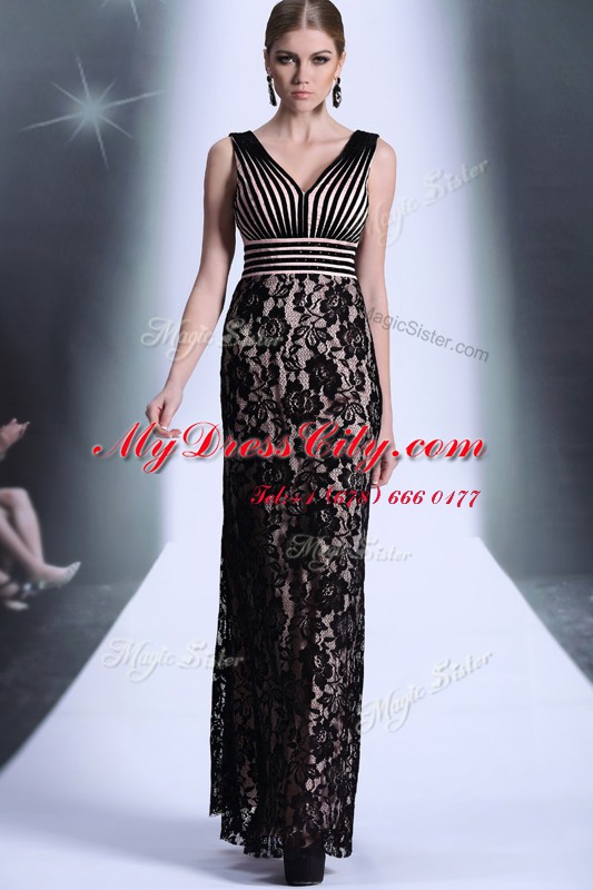 Empire Prom Dress Black V-neck Chiffon and Lace Sleeveless Floor Length Zipper