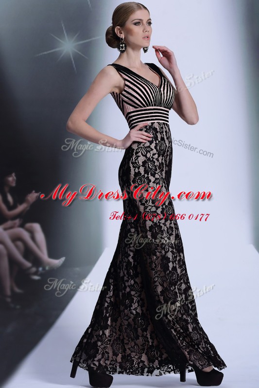 Empire Prom Dress Black V-neck Chiffon and Lace Sleeveless Floor Length Zipper