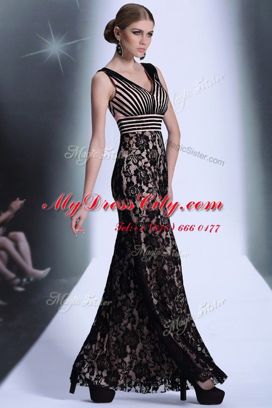 Empire Prom Dress Black V-neck Chiffon and Lace Sleeveless Floor Length Zipper