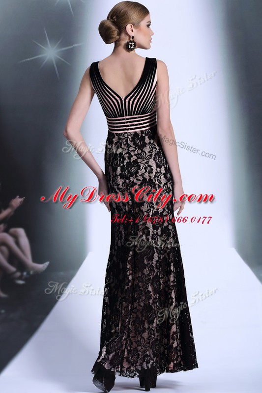 Empire Prom Dress Black V-neck Chiffon and Lace Sleeveless Floor Length Zipper