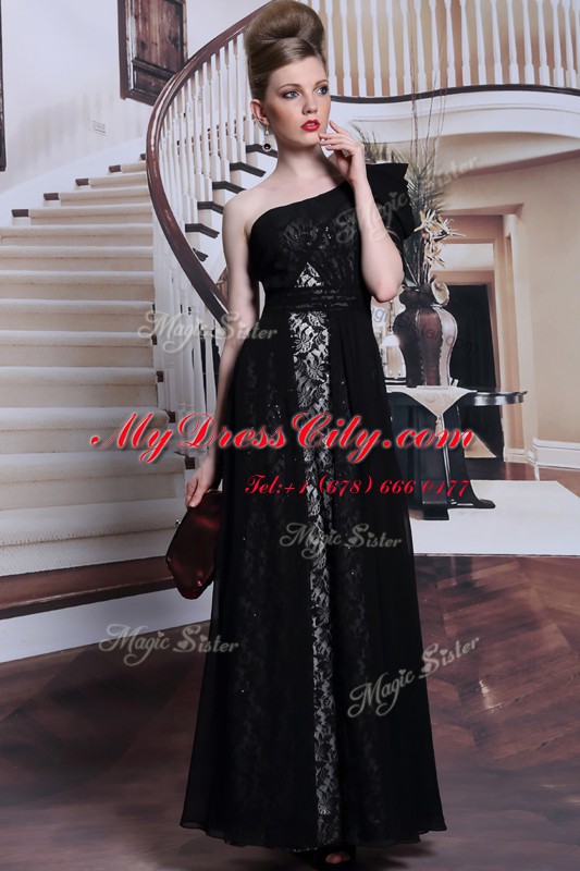 Nice One Shoulder Floor Length Side Zipper Homecoming Dress Black for Prom and Party with Lace and Sequins