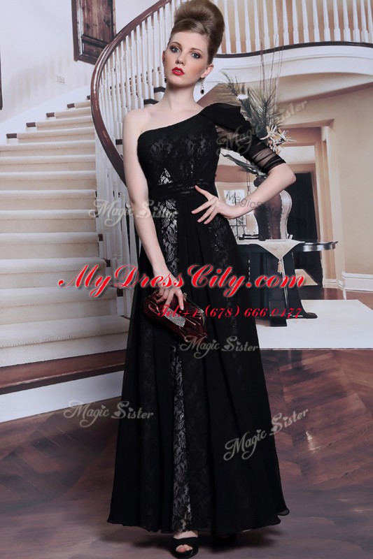 Nice One Shoulder Floor Length Side Zipper Homecoming Dress Black for Prom and Party with Lace and Sequins